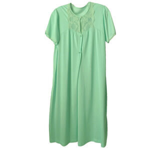 Vintage Texsheen Nylon Nighty Gown MEDIUM Lace Button Aqua Green‎